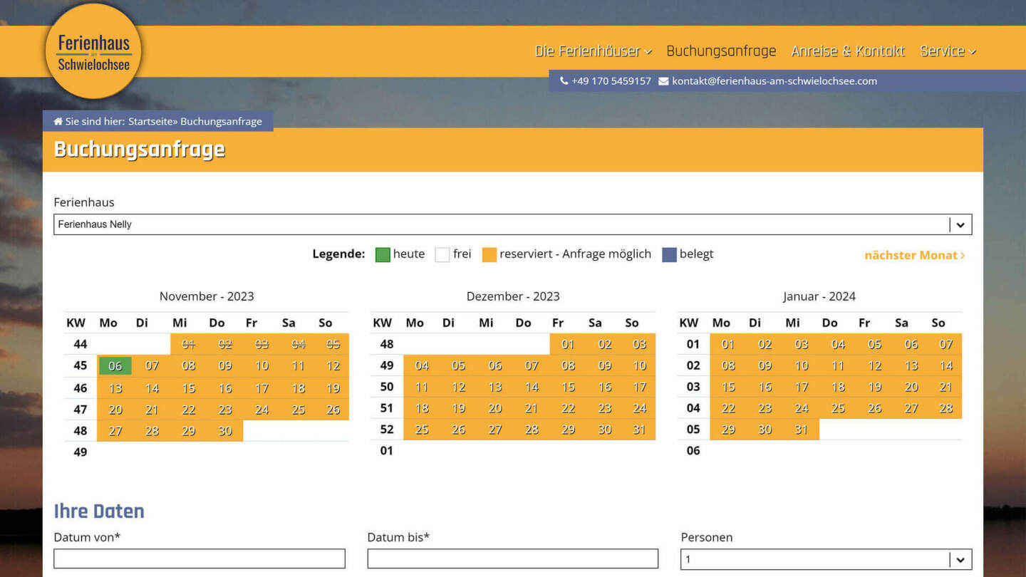 Buchungskalender mit Formular für Buchungsanfrage